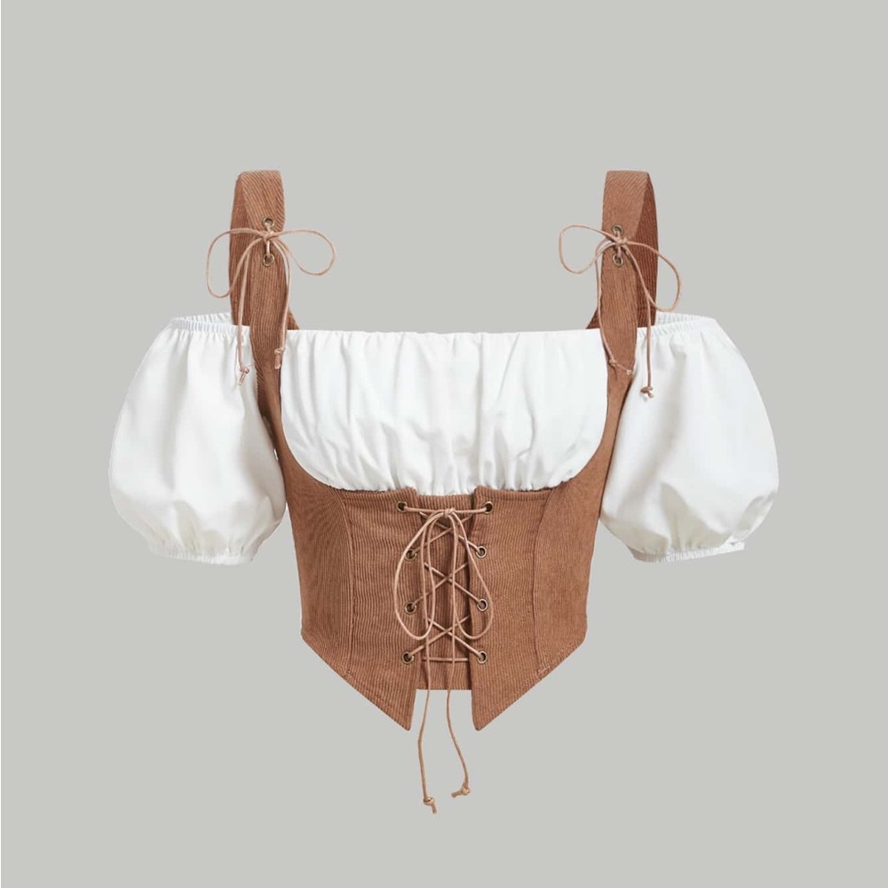 SHEIN Brown and White Lace-Up Blouse